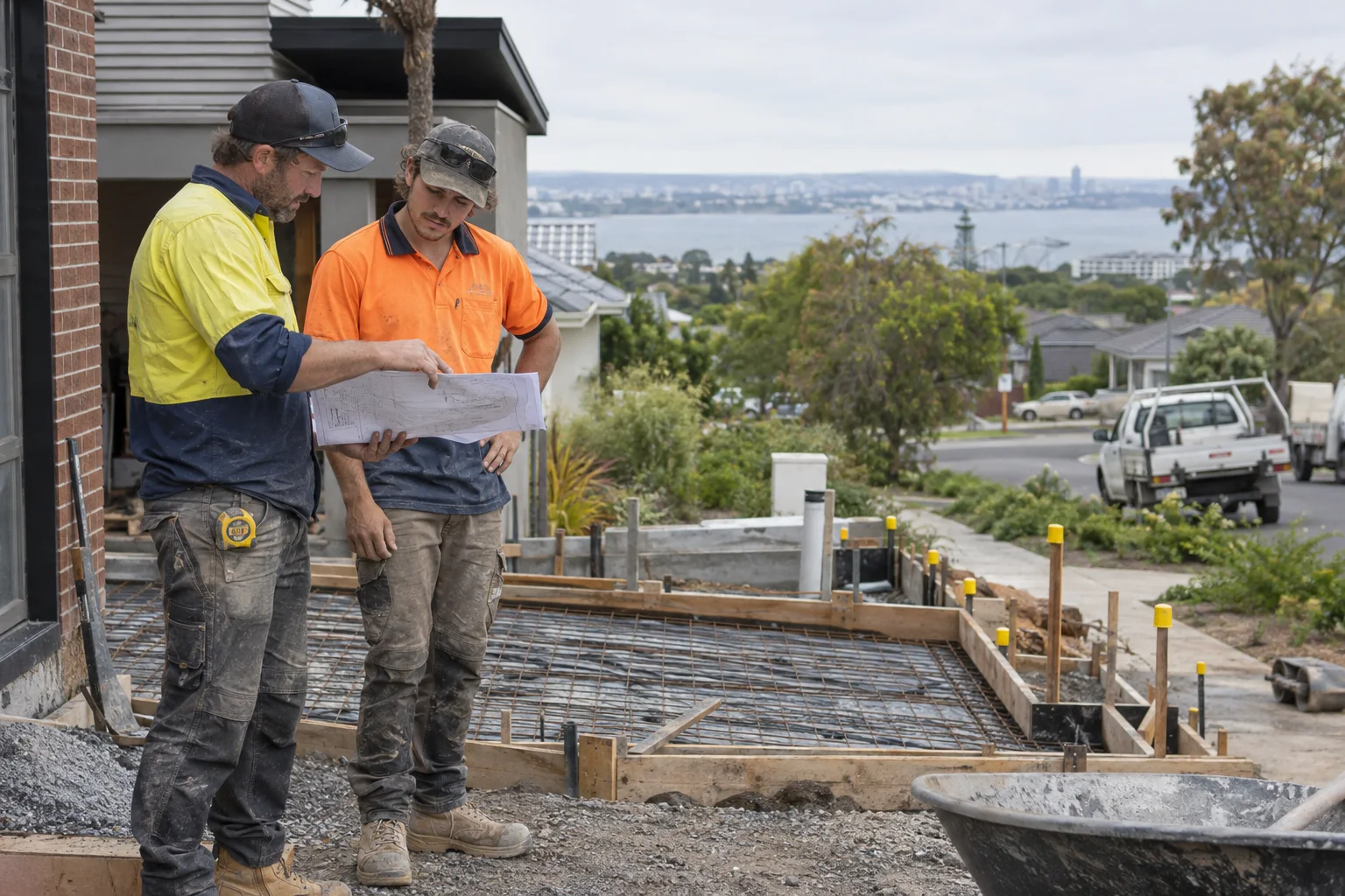 Tradespeople reviewing plans beside residential concrete formwork