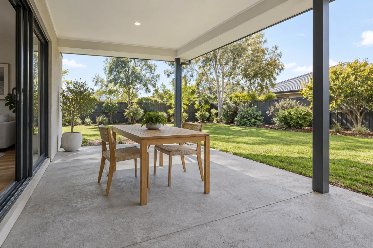 Illustrative concrete alfresco floor beneath a roof with a timber dining table beside sliding house doors