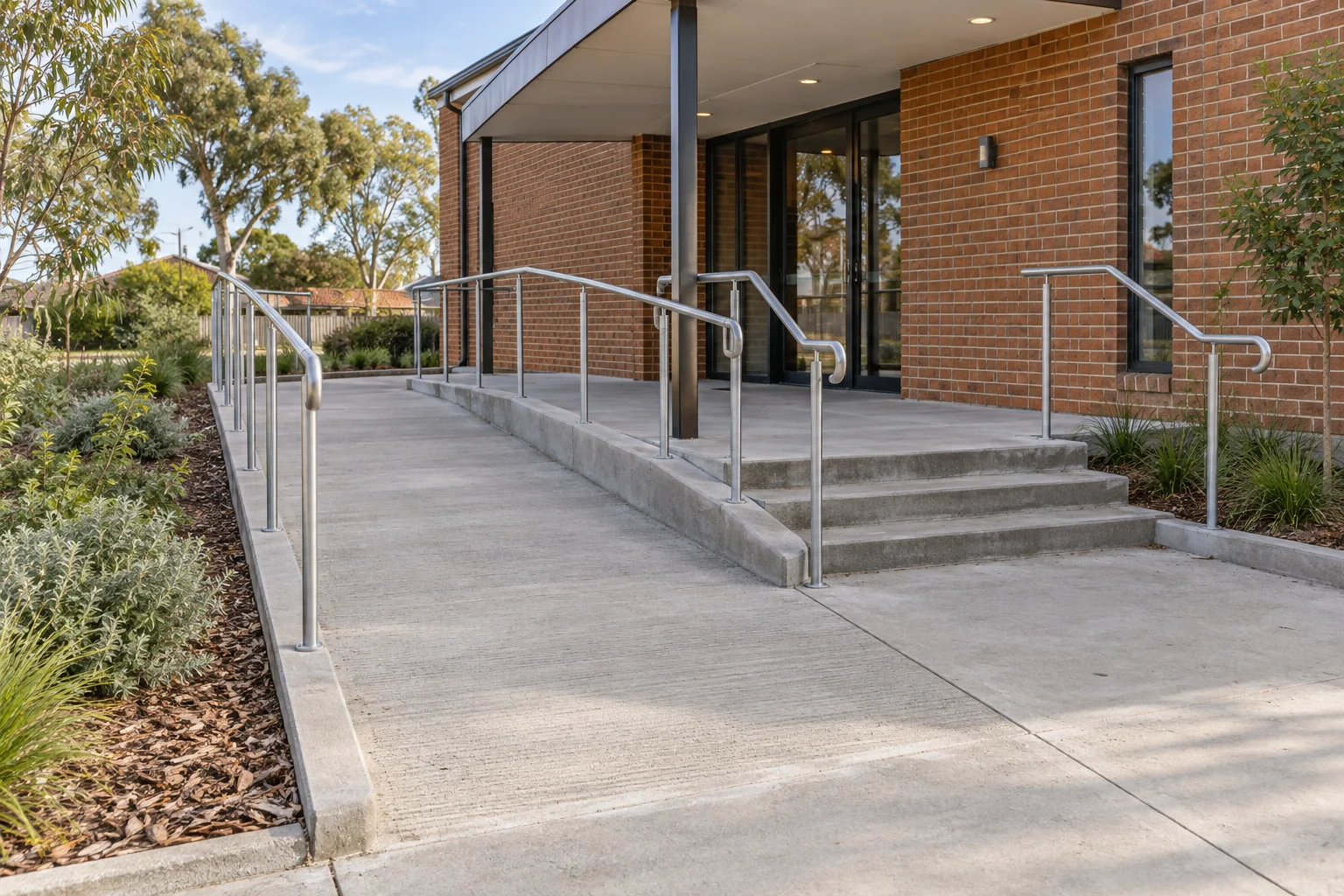 Illustrative gently sloping concrete entrance ramp with handrails and landings beside a brick building