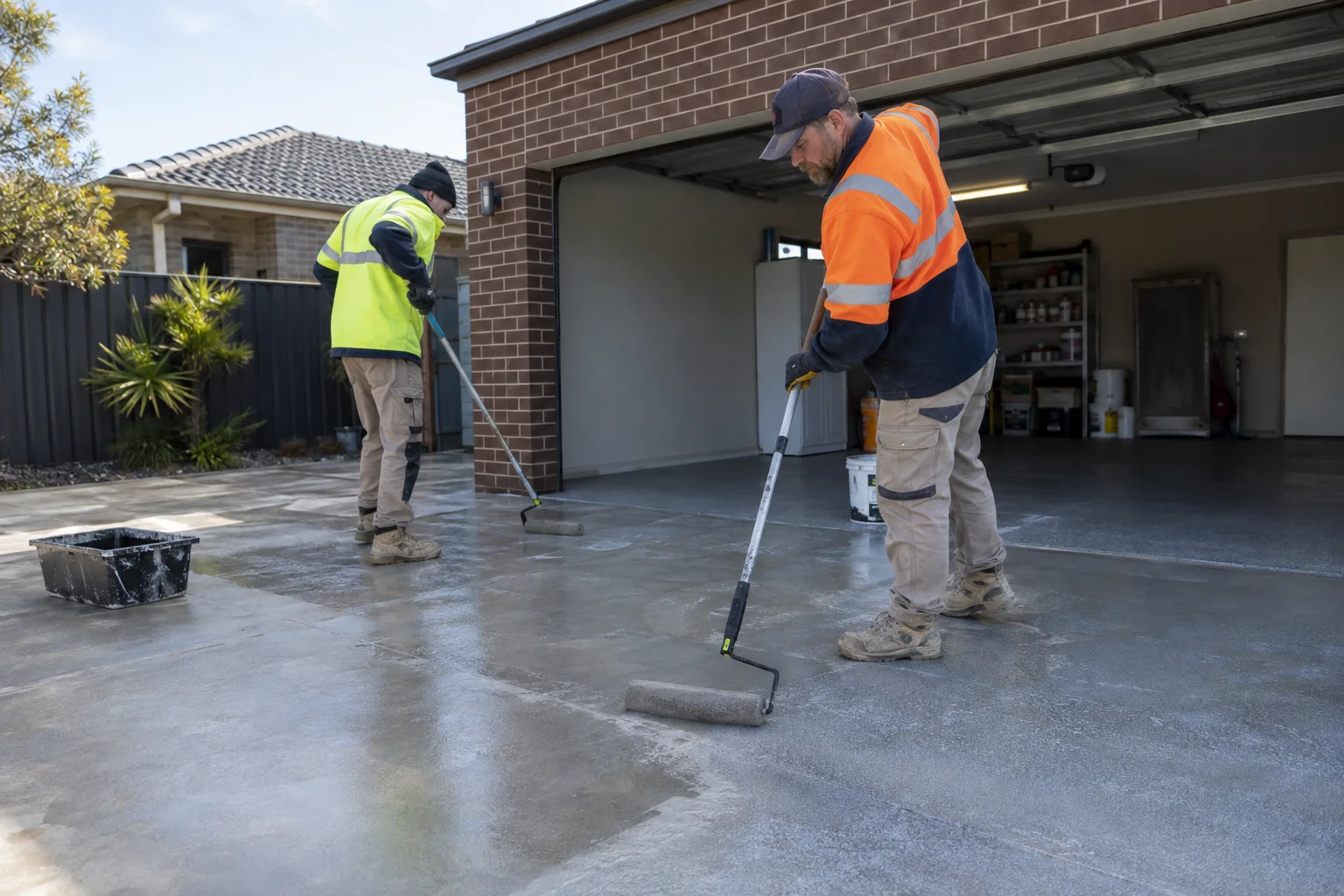 Tradespeople working on concrete coating in a Geelong-style residential setting