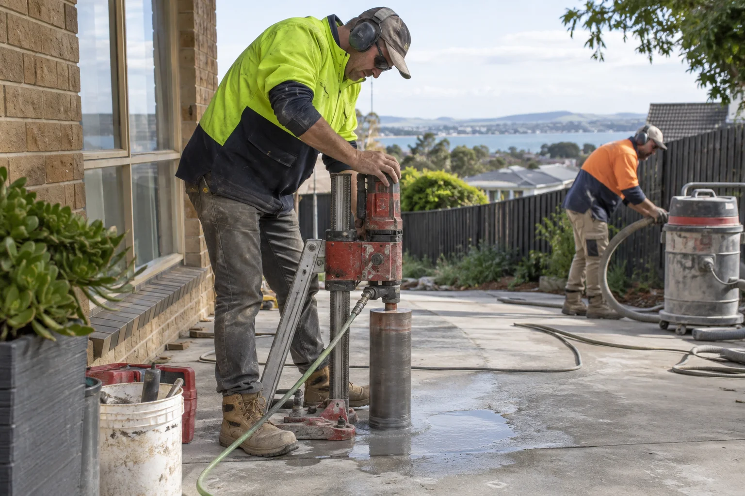 Tradespeople working on concrete drilling in a Geelong-style residential setting