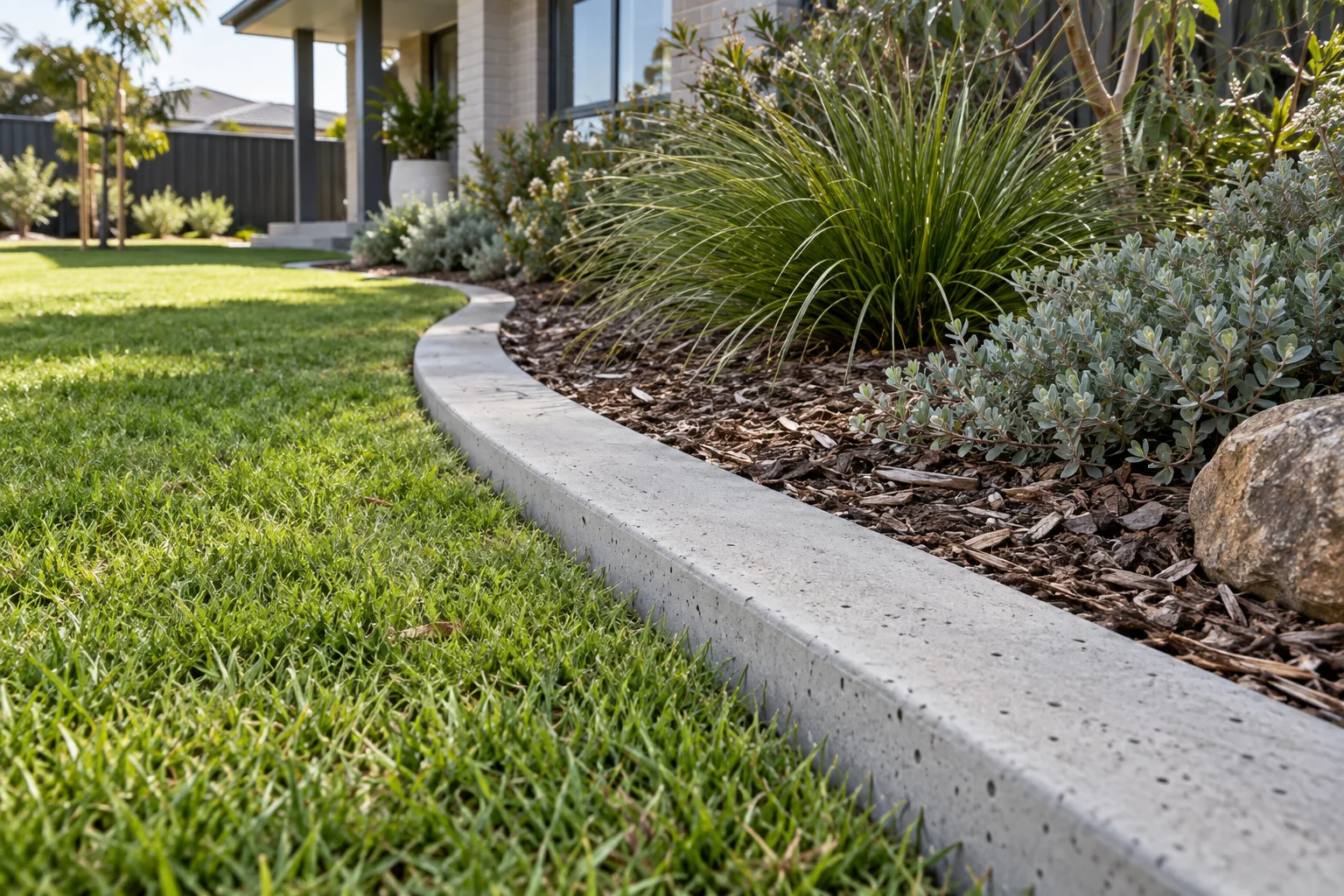Illustrative low curved concrete edging between a lawn and native Australian planting