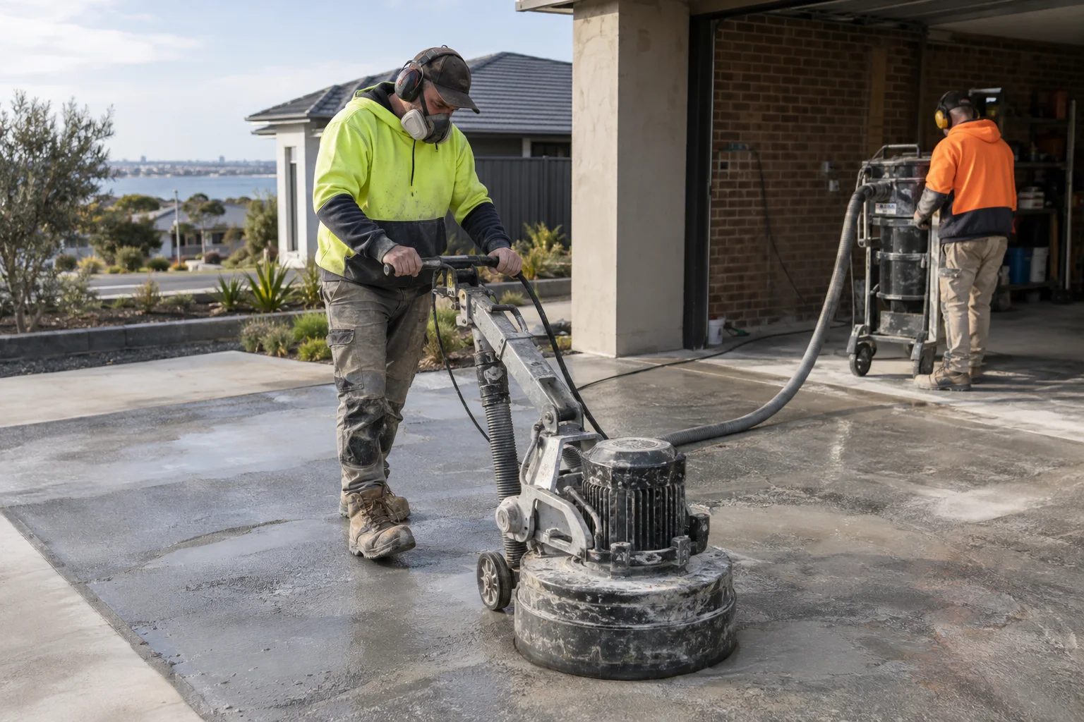 Tradespeople working on concrete grinding in a Geelong-style residential setting