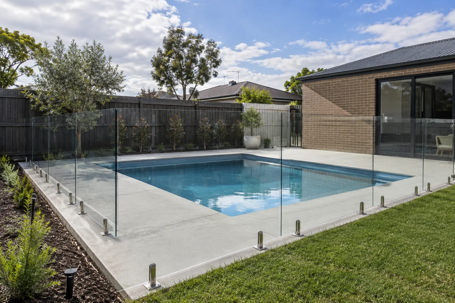 Finished concrete pool surrounds in a Geelong-style residential setting