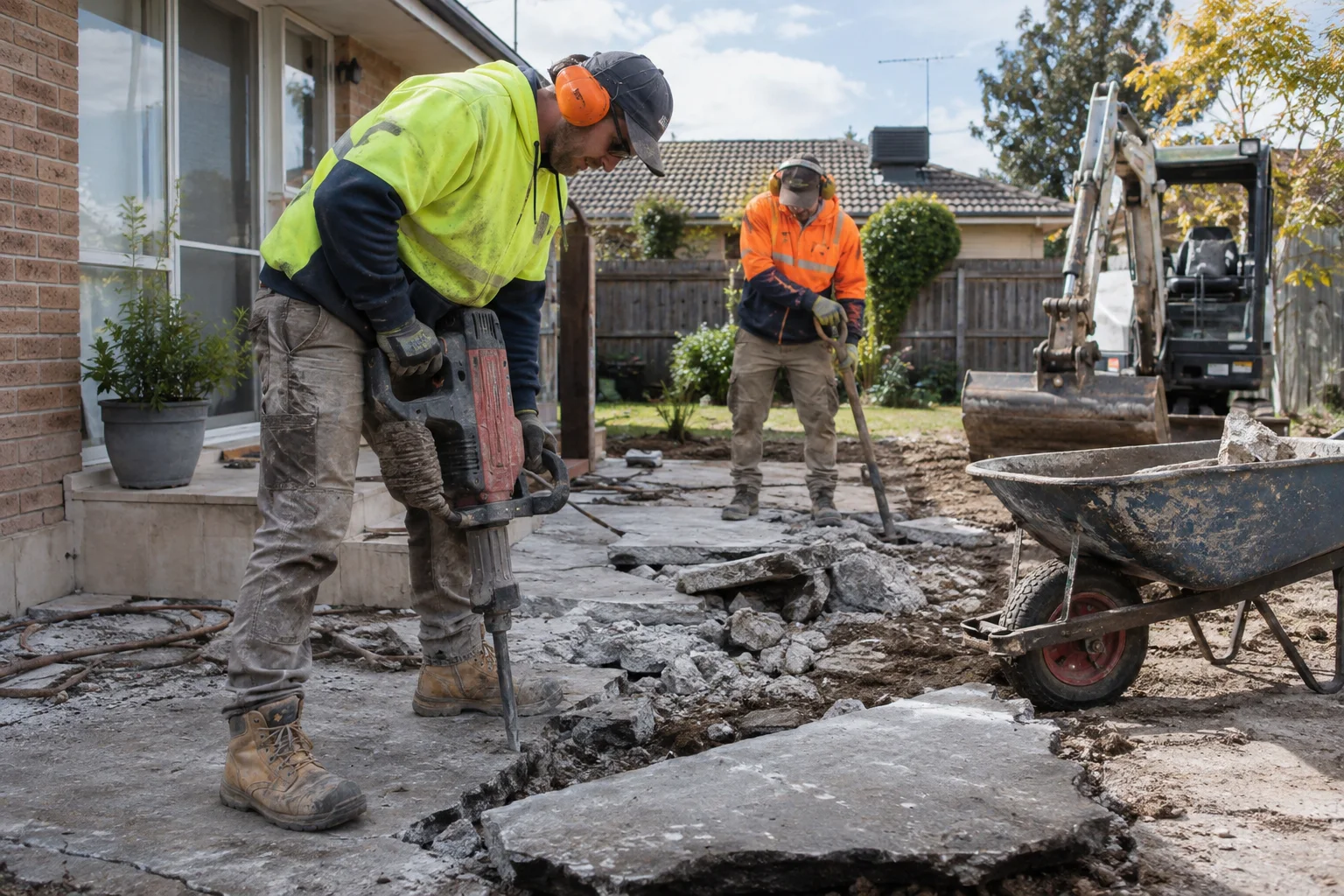 Tradespeople working on concrete removal in a Geelong-style residential setting