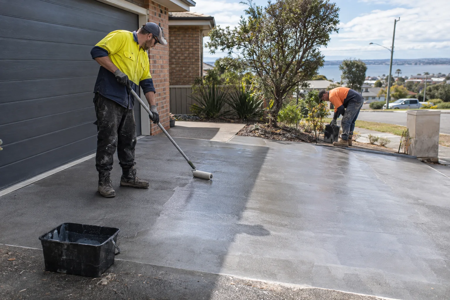 Tradespeople working on concrete sealing in a Geelong-style residential setting