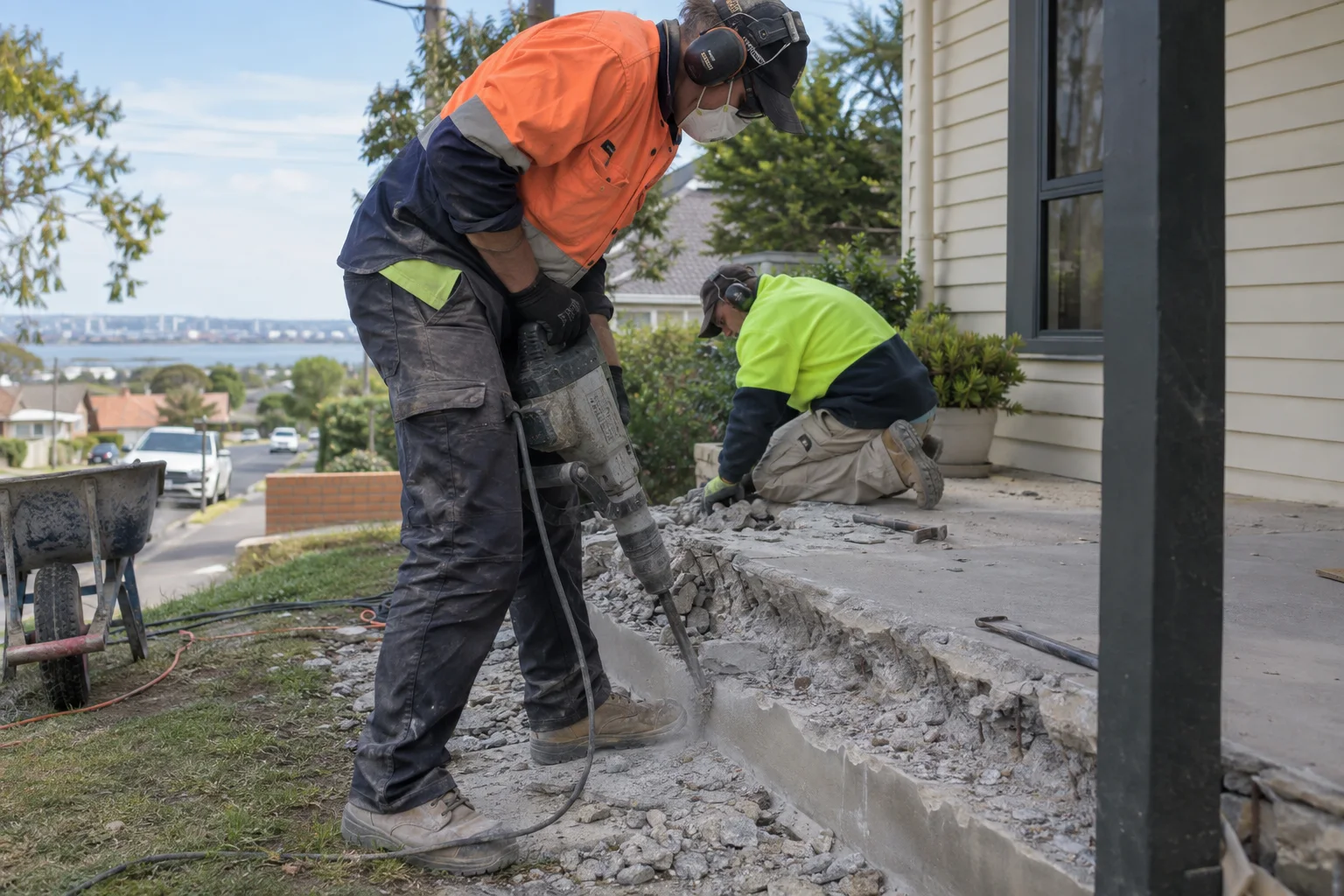 Tradespeople working on concrete spalling in a Geelong-style residential setting