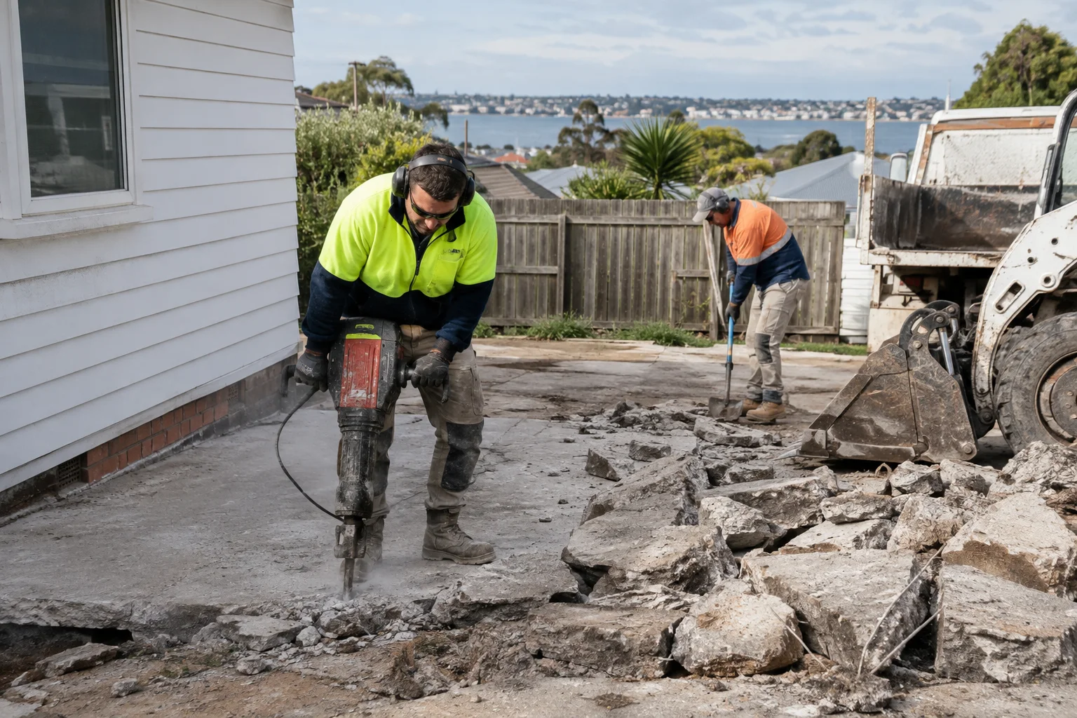 Tradespeople working on demolition in a Geelong-style residential setting