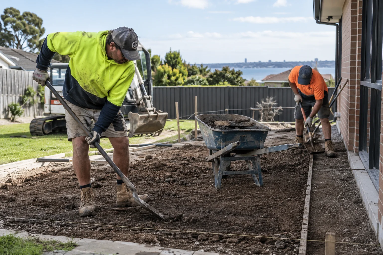 Tradespeople working on digging in a Geelong-style residential setting