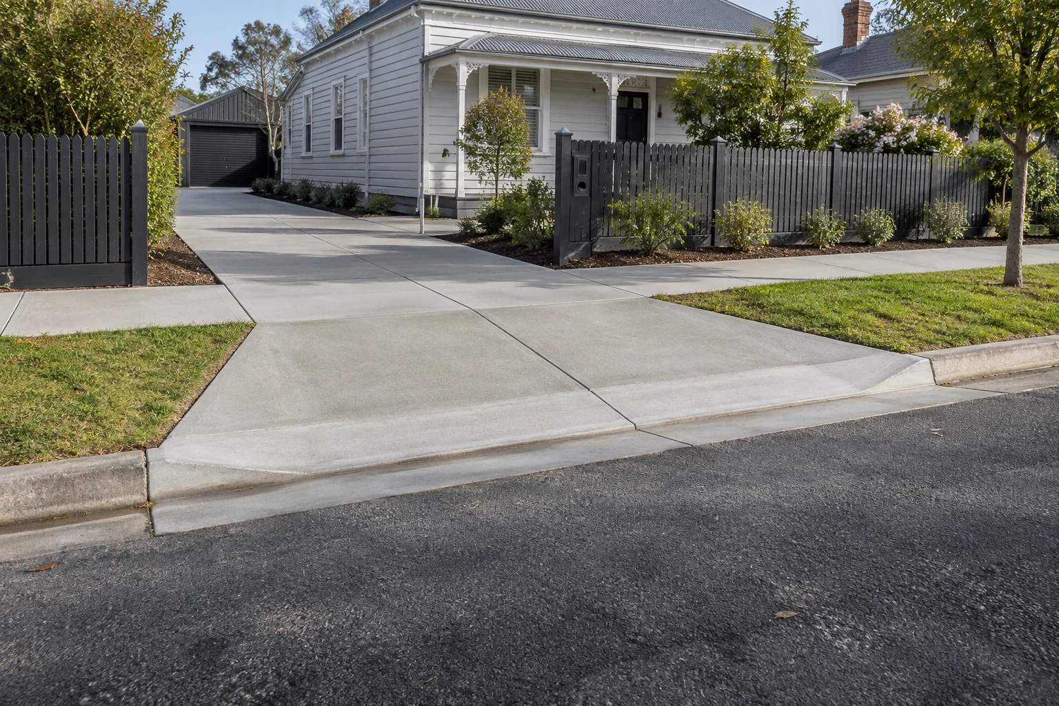 Illustrative concrete driveway crossover across a suburban nature strip and footpath to an asphalt street
