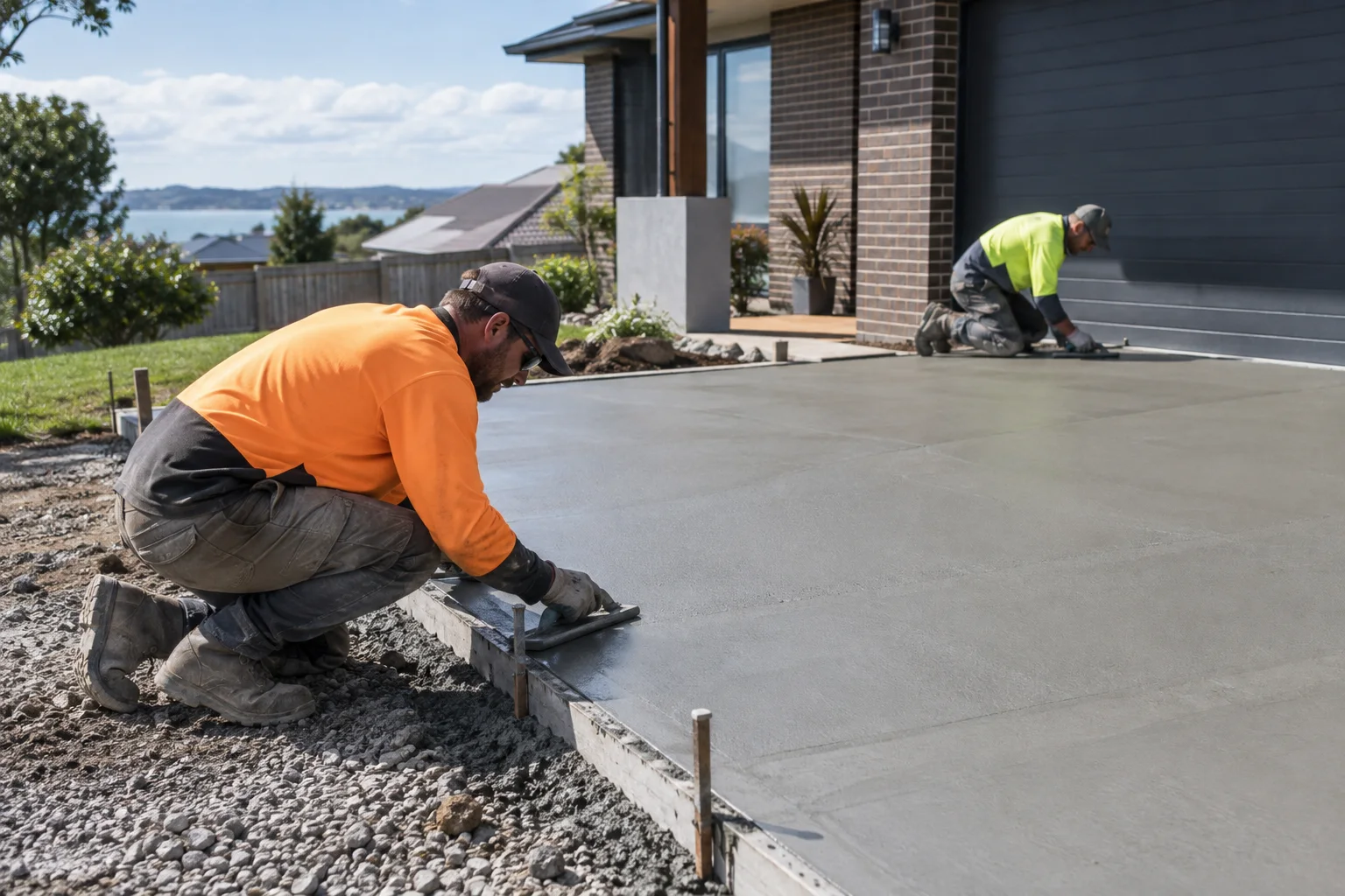 Tradespeople working on driveways in a Geelong-style residential setting
