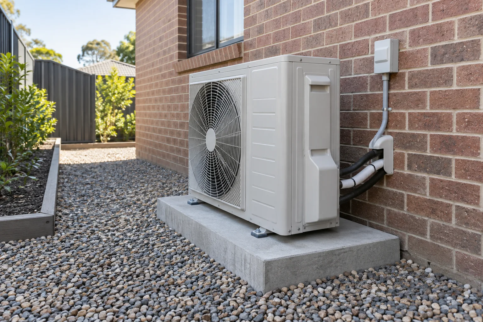 Illustrative concrete equipment pad beneath an outdoor air conditioning unit beside a brick wall
