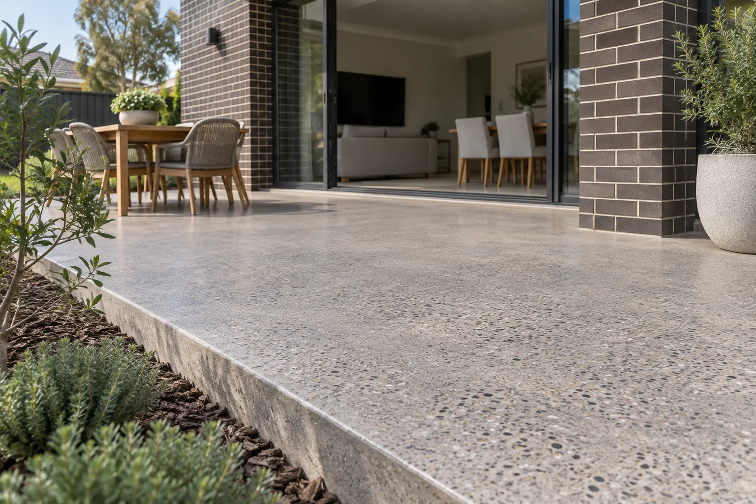 Illustrative matte honed concrete terrace with fine exposed aggregate beside an Australian home