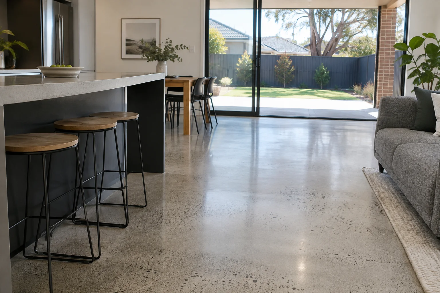 Finished polished concrete in a Geelong-style residential setting