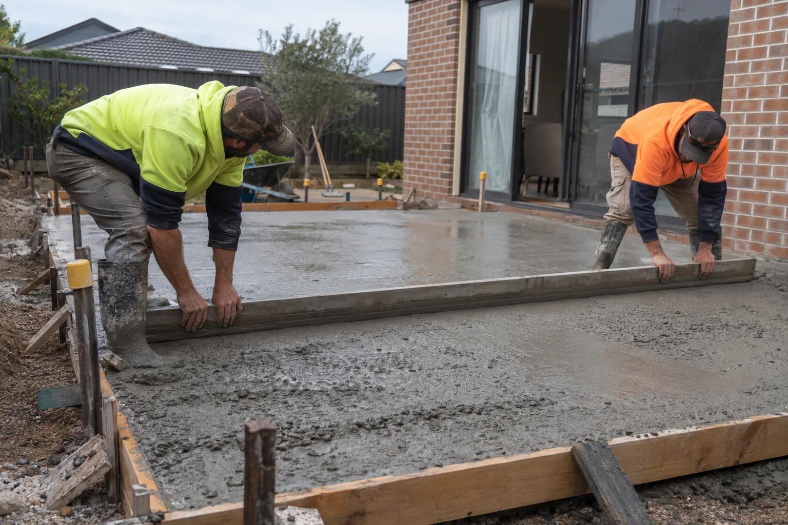 Tradespeople working on slabs in a Geelong-style residential setting