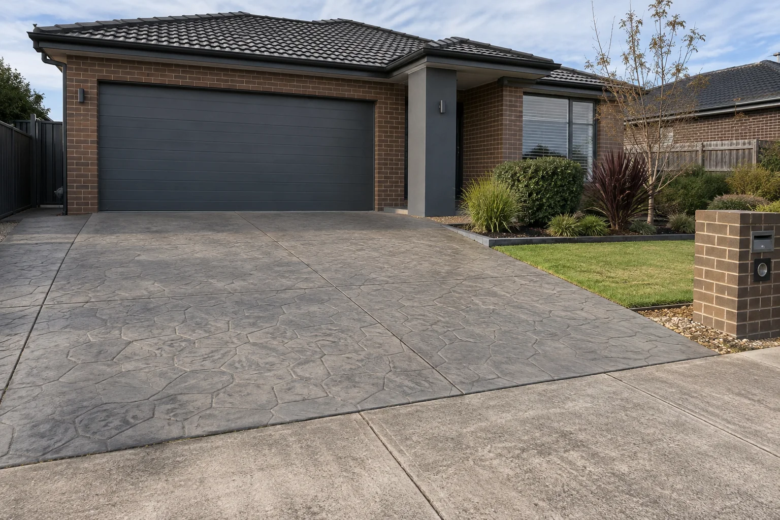 Finished stencil concrete driveways in a Geelong-style residential setting